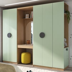 Guarda Roupa Modulado Infantil 4 Peças 6 Portas com Espelho Joy Kids CabeCasa MadeiraMadeira Verde/Avena