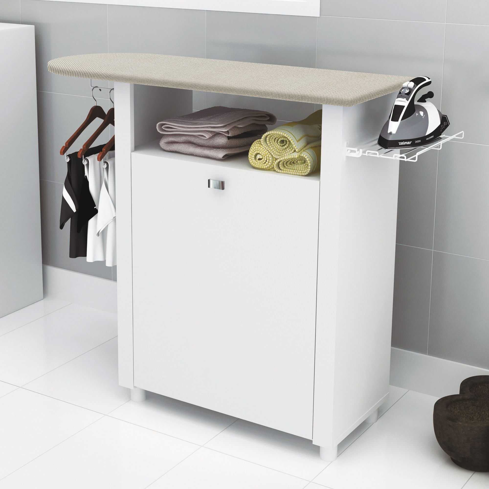 Armário Multiuso com 1 Porta Roupa e Tábua de Passar - Branco