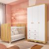Quarto de Bebê com Guarda Roupas 3 Portas e Berço com Rodízio Mimo 100% Mdf Branco Brilho/Amêndoa
