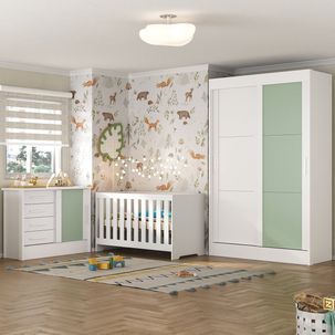 Quarto de Bebê Completo Guarda Roupa 2 Portas 2 Gavetas com Cômoda e Berço Maya Espresso Móveis Branco/Verde