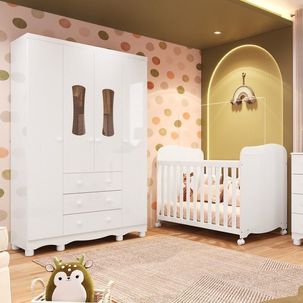 Quarto de Bebê Guarda-Roupas 4 Portas Janeladas e Berço com Rodízios 100% MDF Lana Espresso Móveis Branco Brilho