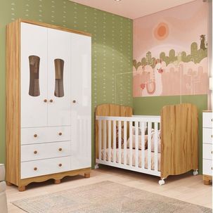 Quarto de Bebê Guarda Roupas 3 Ptas 3 Gavetas e Berço100% MDF Lana Espresso Móveis Branco Brilho/Amêndoa