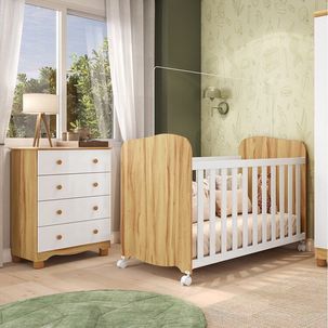 Quarto de Bebê com Berço e Cômoda 4 Gavetas 100% Mdf Mimo Espresso Móveis Branco Brilho/Amêndoa