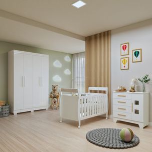 Quarto de Bebê Completo com Guarda-roupa, Berço e Cômoda Manu Branco