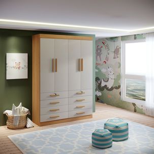Guarda-roupa Infantil 4 Portas Frente Mdf Puxador de Madeira Aquarela Cinamomo/Off White