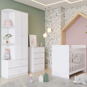 Quarto de Bebê com Guarda-roupa 2 Portas Cômoda e Berço Labirinto Branco