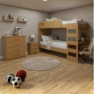 Quarto Infantil Beliche Olga com Cômoda e Mesa de Cabeceira Baião Amêndoa Clean