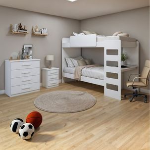 Quarto Infantil Beliche Olga com Cômoda e Mesa de Cabeceira Baião Branco