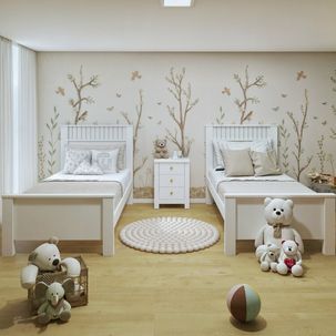 Quarto Infantil com 2 Camas Solteiro Athenas Plus e Mesa de Cabeceira 3 Gavetas Maggiore New Branco