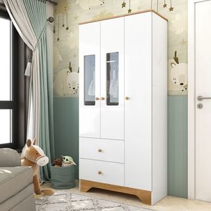 Guarda-roupa Infantil 3 Portas com Janelas Retangulares e 2 Gavetas 100% Mdf Cocada Branco Brilho/Amêndoa