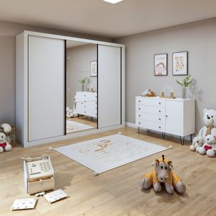 Quarto Infantil Guarda-Roupa com Espelho 3 Portas Marcella com Cômoda 1 Porta 4 Gavetas Aurora Branco