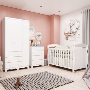 Quarto de Bebê Completo Berço Minicama Guarda-Roupa 3 Portas e Cômoda 100% MDF Nina Espresso Móveis Branco Brilho