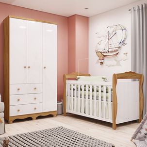 Quarto de Bebê com Guarda-roupa 3 Portas e Berço Americano Nina 100% Mdf Espresso Móveis Branco Brilho/Amêndoa