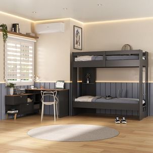 Quarto Juvenil completo Nexis com Beliche e Escrivaninha em L 2 Portas Grafite/Nogal