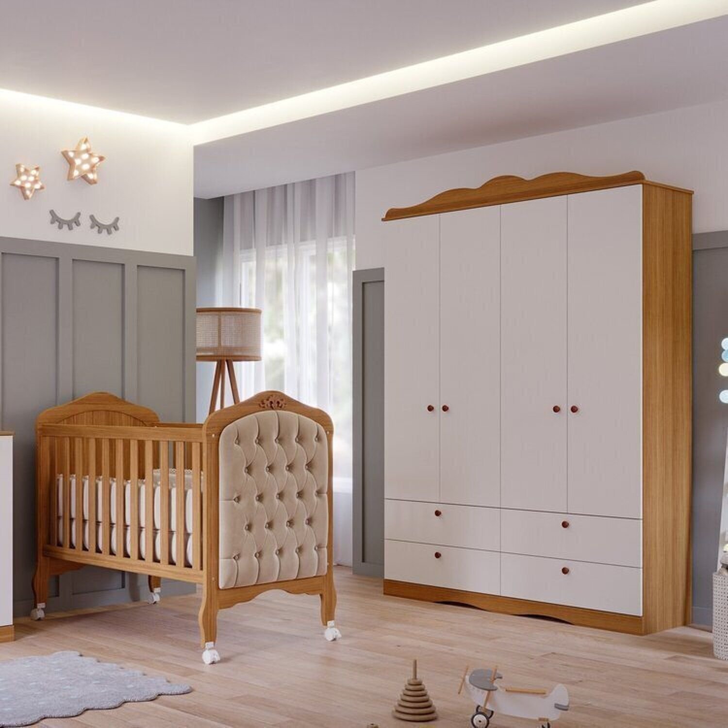 Quarto de Bebê 2 Peças com Berço Capitonê e Guarda-Roupa 4 Portas 4 Gavetas Aquarella Espresso Móveis Nature/Branco