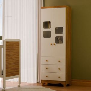 Guarda-Roupa Infantil 61cm 2 Portas 3 Gavetas com Janelas e Pés Mimo 100% MDF Espresso Móveis Branco Brilho/Amêndoa