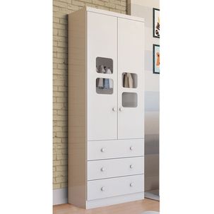 Guarda-Roupa Infantil 61cm 2 Portas 3 Gavetas com Janelas sem Pés Mimo 100% MDF Espresso Móveis Branco Brilho