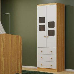 Guarda-Roupa Infantil 61cm 2 Portas 3 Gavetas com Janelas sem Pés Mimo 100% MDF Espresso Móveis Branco Brilho/Amêndoa