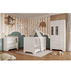 Quarto de Bebê Completo Guarda-Roupa e Cômoda com Janelas e Berço 100% Mdf Liam Espresso Móveis Branco Brilho