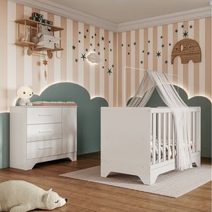 Quarto de Bebê Cômoda 1 Porta e Berço Minicama 100% Mdf Liam Espresso Móveis Branco Brilho