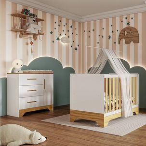 Quarto de Bebê Cômoda 1 Porta e Berço Minicama 100% Mdf Liam Espresso Móveis Branco Brilho/Amêndoa