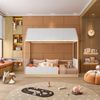 Cama Montessoriana Reversível Casinha com Telhado, Led, Janela e Grade Frontal New Garden Casatema Branco/Natural