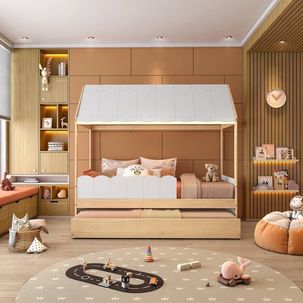 Bicama Infantil Casinha com Led e Grade New Garden Casatema Branco/Natural