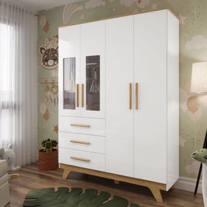 Guarda Roupa Infantil 154,8cm 4 Portas com Janela 3 Gavetas 100% Mdf Retrô Espresso Móveis Branco /Amêndoa