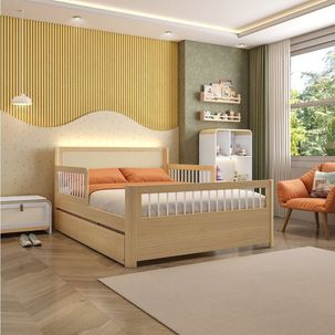 Bicama Casal Infantil Reversível em LED com Rattan e Grade Palito Wave Casatema Branco/Natural