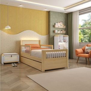 Bicama Solteiro Wave Infantil Reversível LED com Rattan Grade em Palito Casatema Natural/Branco