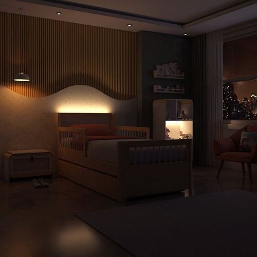 Bicama Solteiro Wave Infantil Reversível LED com Rattan Grade em Palito Casatema Natural/Branco