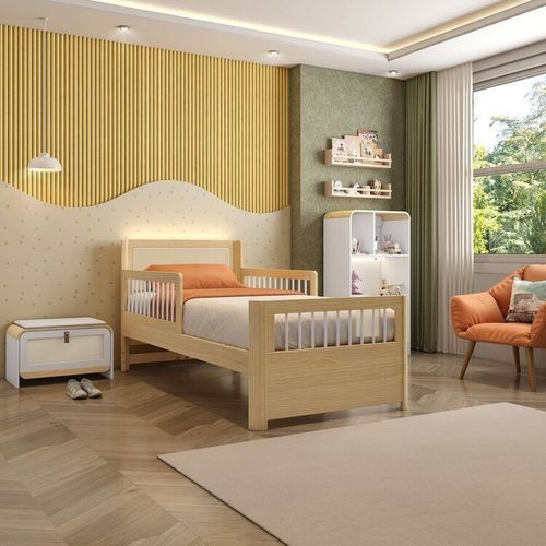 Cama Infantil Montessoriana Reversível Led Rattan e Grade de Proteção Wave Casatema Natural