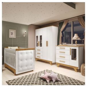 Quarto de Bebê Berço Capitonê Guarda-roupa e Cômoda com Janelas 100% Mdf Retrô Kakau Espresso Móveis Branco Brilho/Amêndoa/Branco