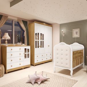 Quarto de Bebê Guarda-roupa e Cômoda com Janelas e Berço com Capitonê Maya Clássico Espresso Móveis Branco Brilho/Amêndoa/Branco