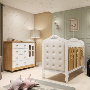 Quarto de Bebê com Cômoda 1 Porta com Janela e Berço Capitonê 100% Mdf Maya Clássico Espresso Móveis Branco Brilho/Amêndoa/Branco