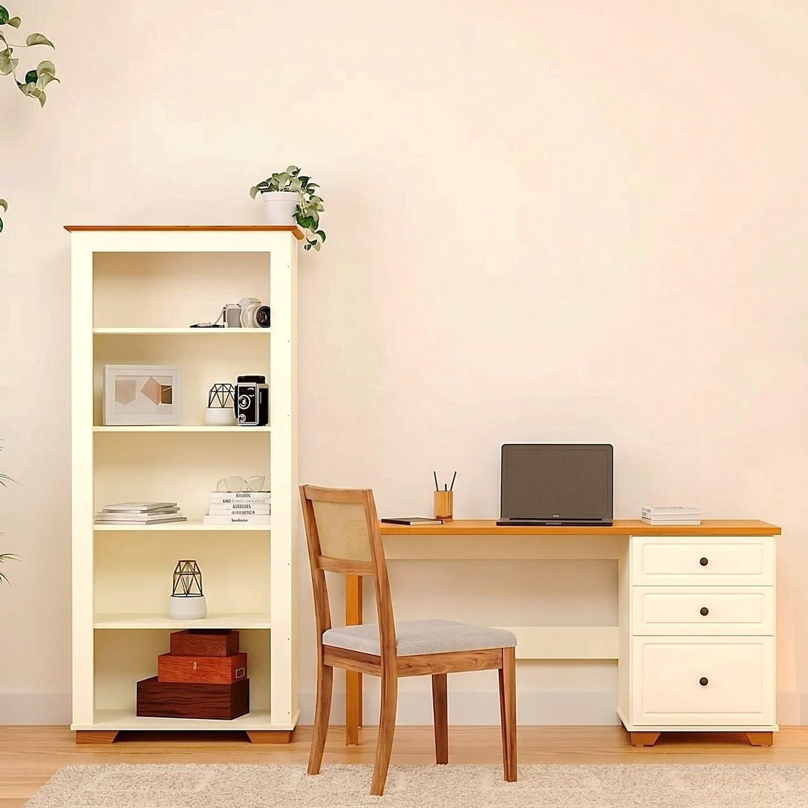 Conjunto Home Office 1 Mesa 150cm 3 Gavetas 1 Estante Para Livros Ananda Cabecasa Madeiramadeira Off White-mel