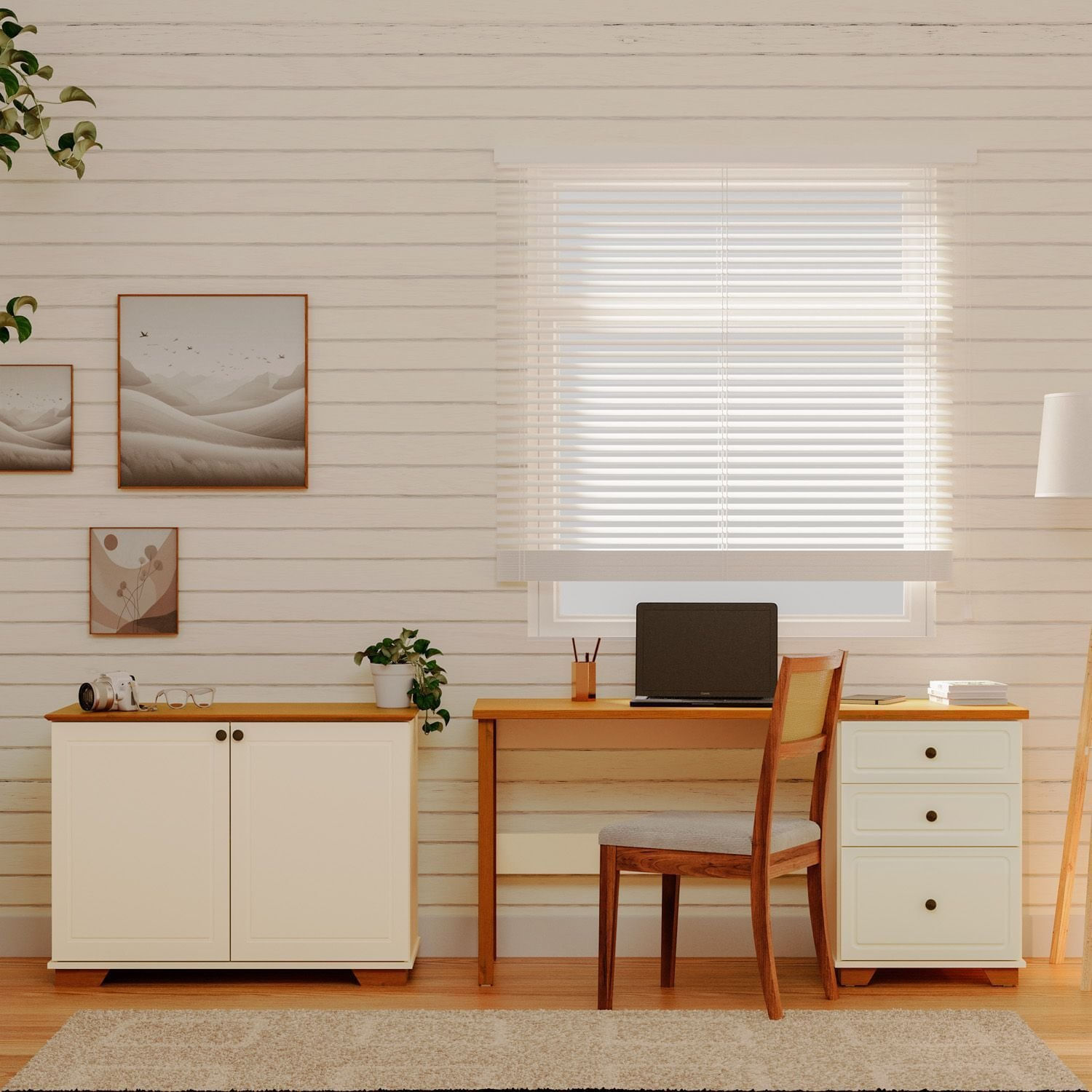 Conjunto Home Office 1 Mesa 150cm 3 Gavetas 1 Armário 2 Portas Ananda Cabecasa Madeiramadeira Off White-mel