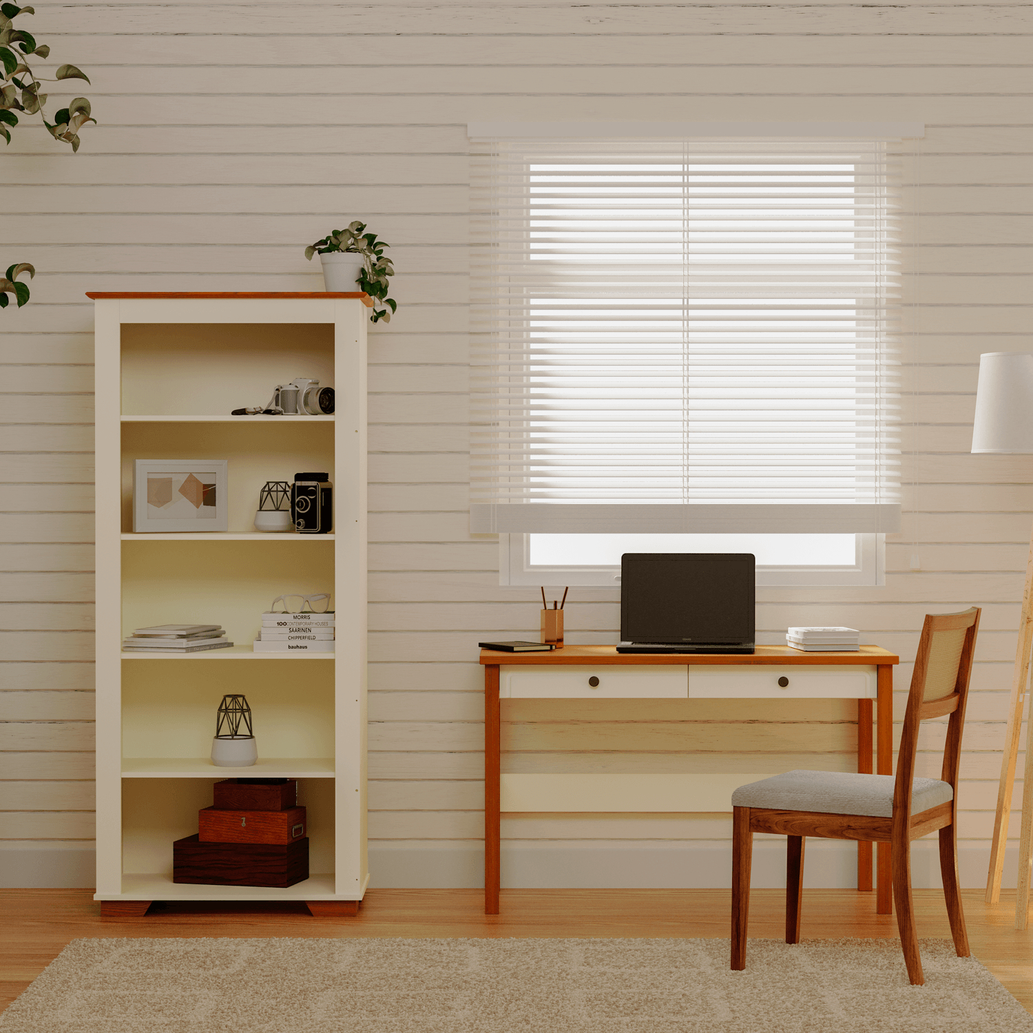 Conjunto Home Office 1 Mesa 120cm 2 Gavetas 1 Estante Para Livros Ananda Cabecasa Madeiramadeira Off White-mel
