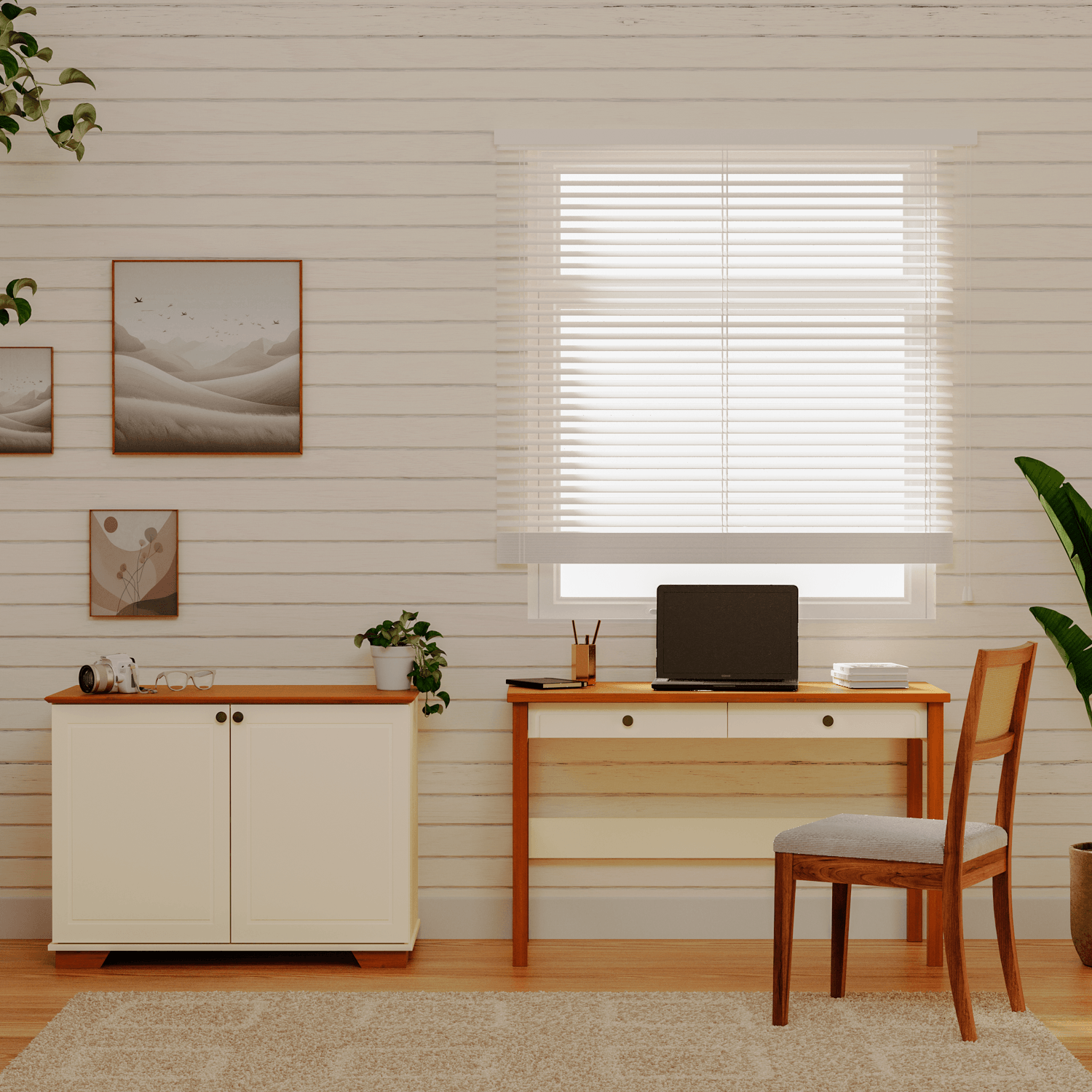 Conjunto Home Office 1 Mesa 120cm 2 Gavetas 1 Armário 2 Portas Ananda Cabecasa Madeiramadeira Off White-mel