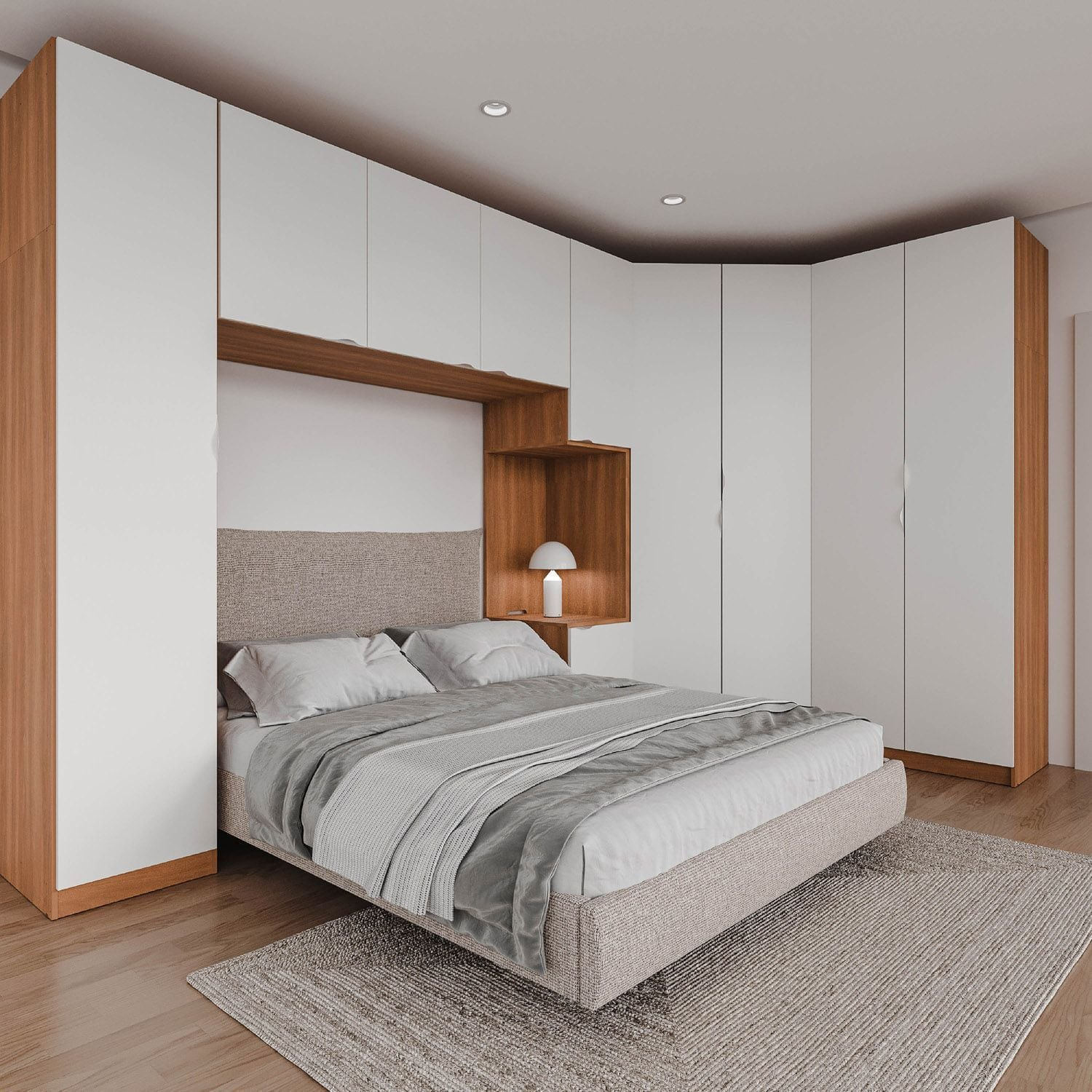 Guarda Roupa Modular de Canto 10 Portas 5 Peças e 2 Mesas de Cabeceira Hera CabeCasa MadeiraMadeira Louro/Branco Geada