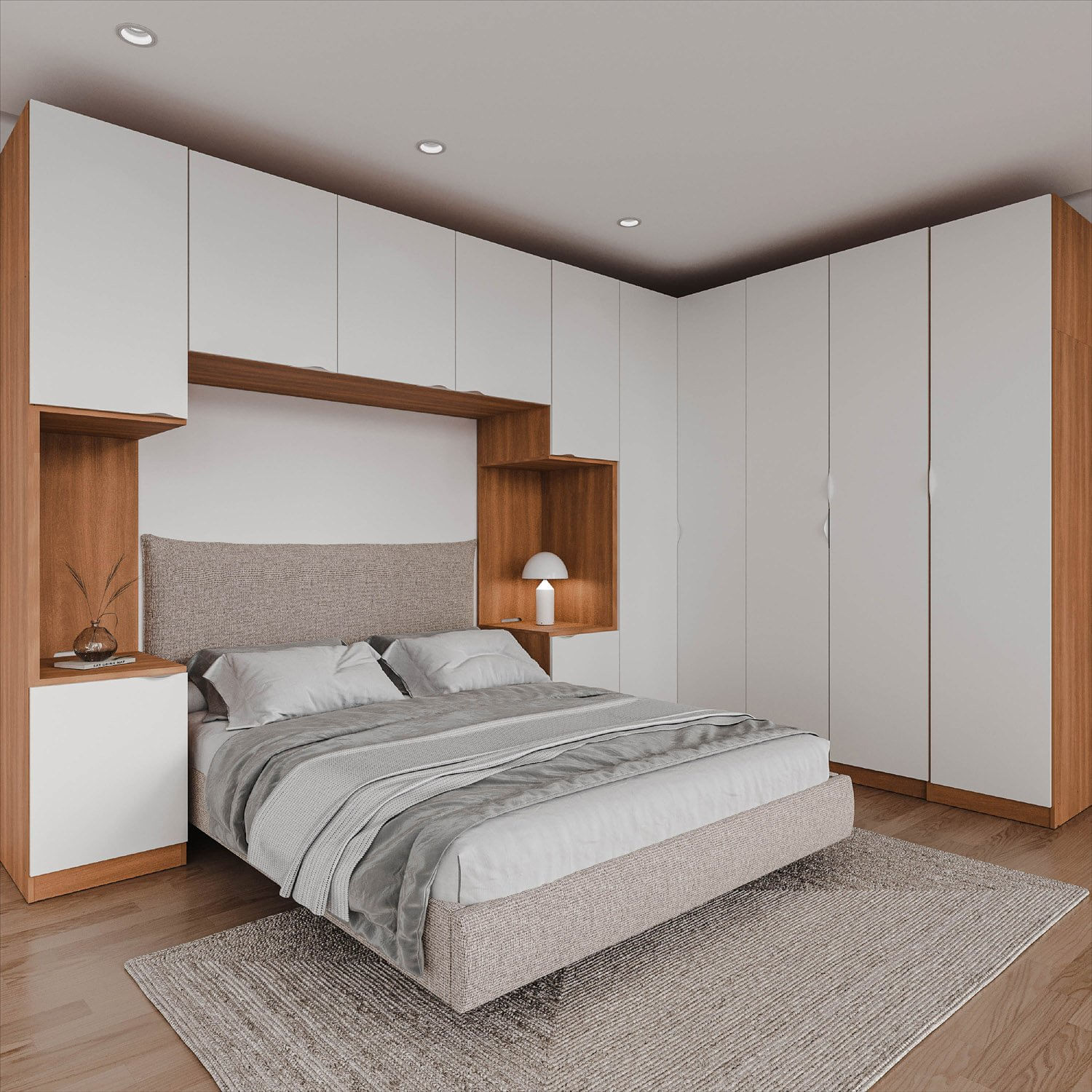 Guarda Roupa Modular de Canto 12 Portas 6 Peças 2 Mesas de Cabeceira Hera CabeCasa MadeiraMadeira Louro/Branco Geada
