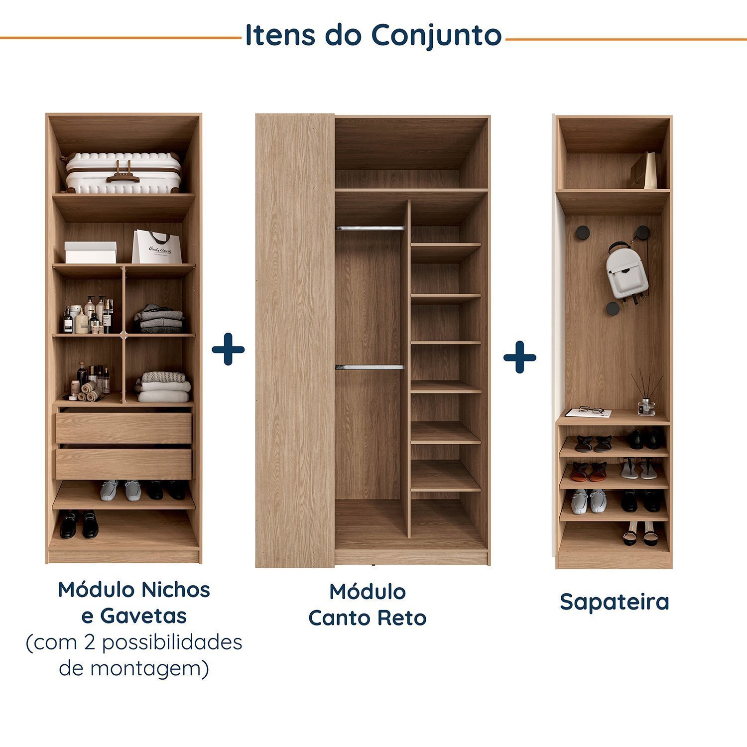 Conjunto Modulado 3 Peças Canto, Nicho com 2 Gavetas e Sapateira