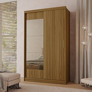 Guarda-roupa Solteiro com Espelho 2 Portas de Correr Muriqui Maxx CabeCasa MadeiraOriginals Freijó