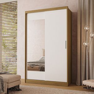 Guarda-roupa Solteiro com Espelho 2 Portas de Correr Muriqui Maxx CabeCasa MadeiraOriginals Freijó/Branco